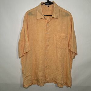 Alan Flusser 100% Linen Short Sleeve Button Up Shirt Mens Size XL Orange Casual